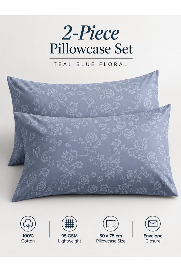 Bedsheet Set, Teal Blue Floral Pattern, 100% Cotton, 95 GSM
