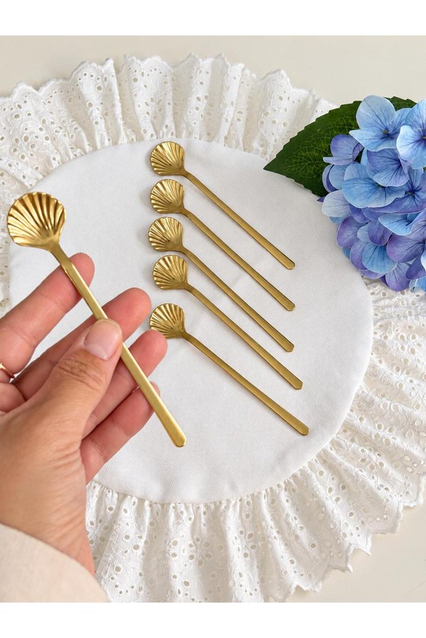 Set of 6 Gold Oyster Stainless Steel Teaspoons - 12 cm Length Stainless Steel