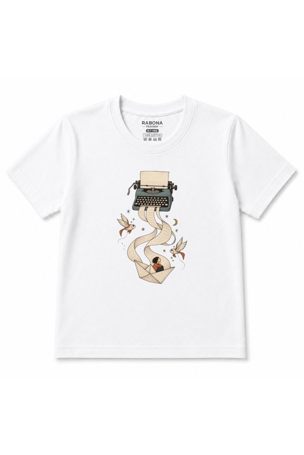 Storywriter Voyage Typewriter & Paper Boat Graphic Kids T-Shirt
