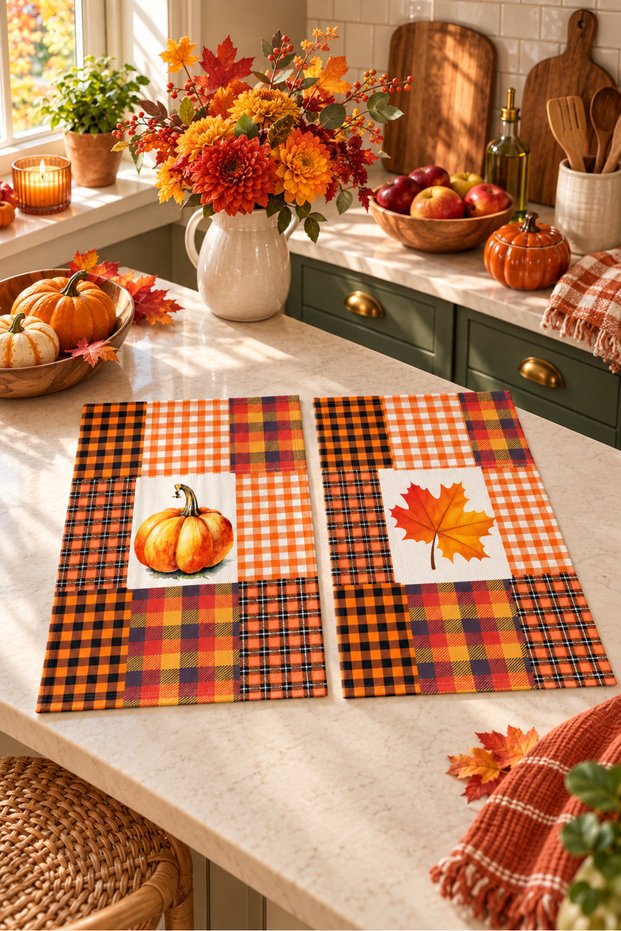 Harvest Plaid Pumpkin and Leaf Patterned 2-Piece Kitchen Towel Set 35X55