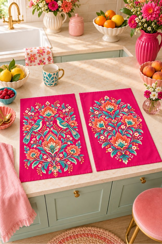 Fuchsia Folklore Bird and Flower Patterned 2-Piece Kitchen Towel Set 35X55