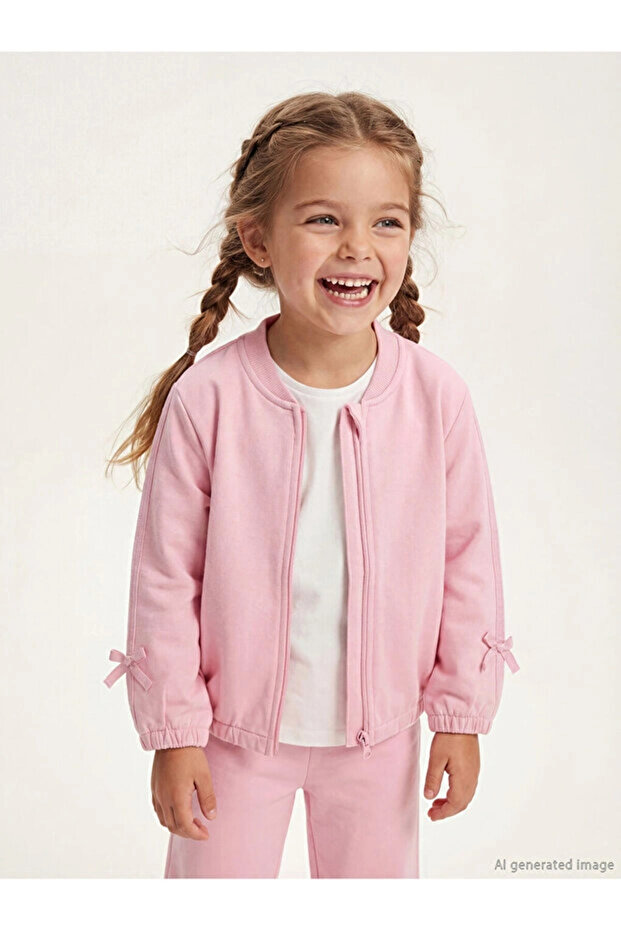 Pink Bow Detailed Girls' Zippered Sweatshirt