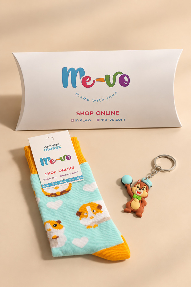 Dog Patterned Unisex Socks and Squirrel Keychain Gift Set in a Special Box