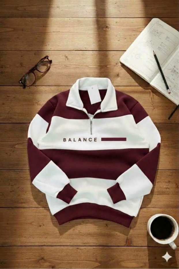 Unisex Polo Collar Zippered Balance Printed Claret Red and White Sweatshirt