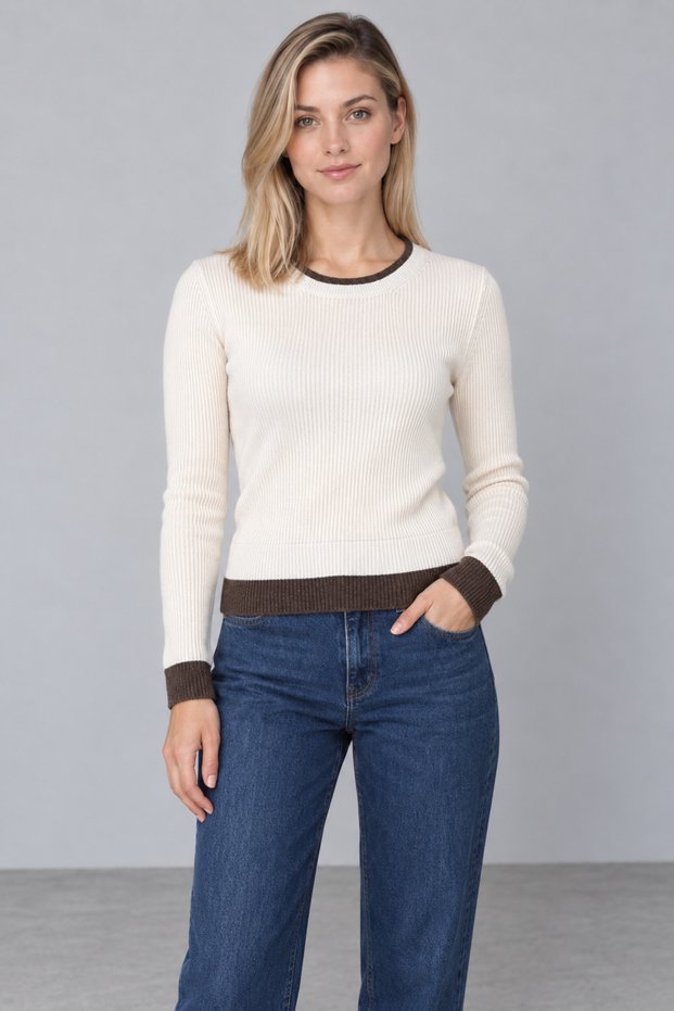 Women's Crew Neck Double Color Detailed Wool Sweater