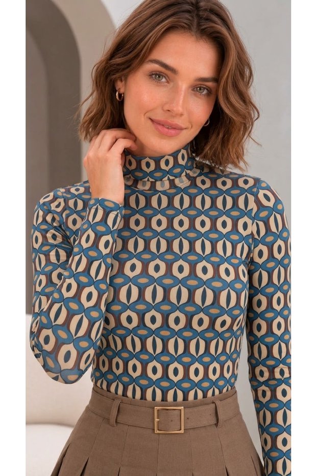 Women's Coffee Blue Retro Patterned Printed Stand Collar Long Sleeve Viscose Blouse