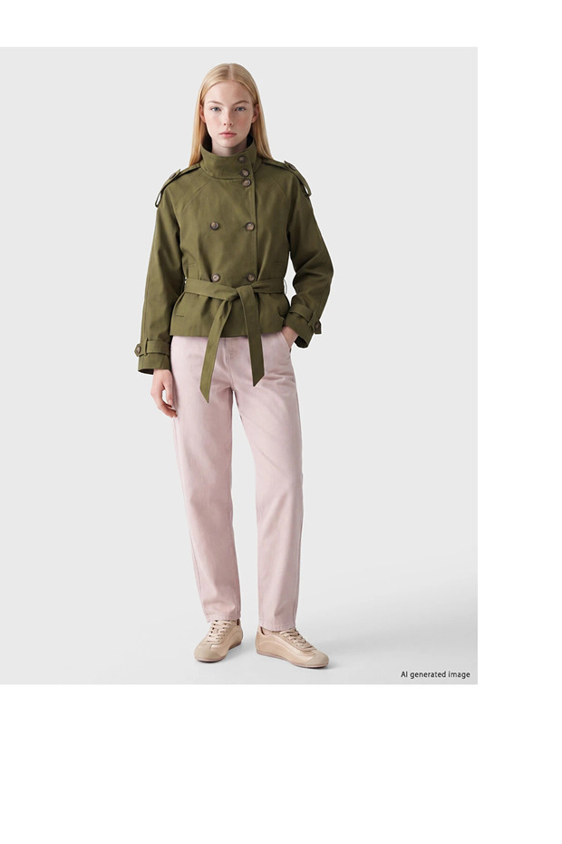 Xside Khaki High Collar Belted Oversize Women's Trench Coat