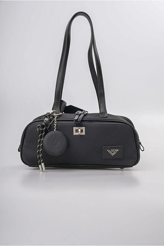 Women's Shoulder Bag with Mirror Charm Accessory, Zippered Textured Baguette Bag, Black 18346