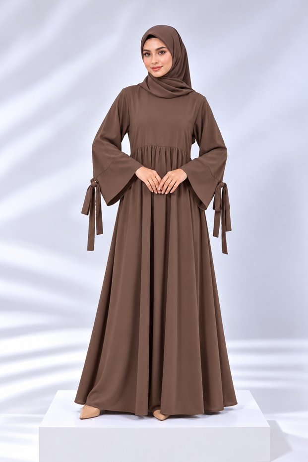 Refka Crew Neck Tie-Cuff Detail Modest Casual Maxi Dress with Hiijab