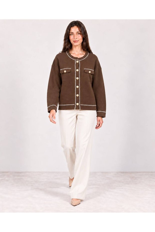 Women's Brown Ecru Ribbed Acrylic Knitwear Jacket with Gold Buttons and Pockets