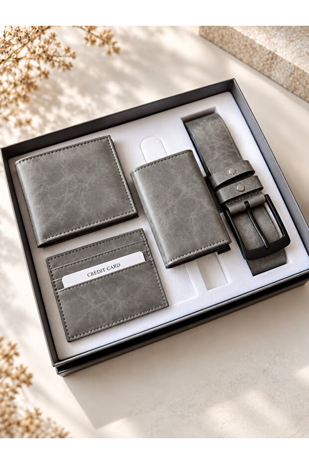 Men's Wallet, Belt, Card Holder and Mechanism Wallet Set, Boxed, Stylish Gift Set, Gray