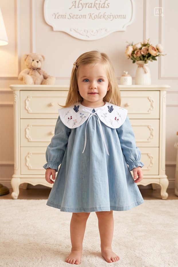 Baby Girl Embroidered Baby Collar Blue Denim Dress Long Sleeve Special Occasion Birthday Eid Daily Stylish Dress 9-24 Months