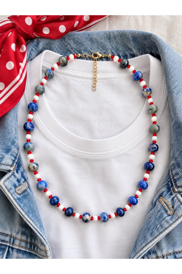 Lapis Lazuli and Sodalite Natural Stone Necklace - Pearlescent, with Red Crystal Glass Detail | Sailor