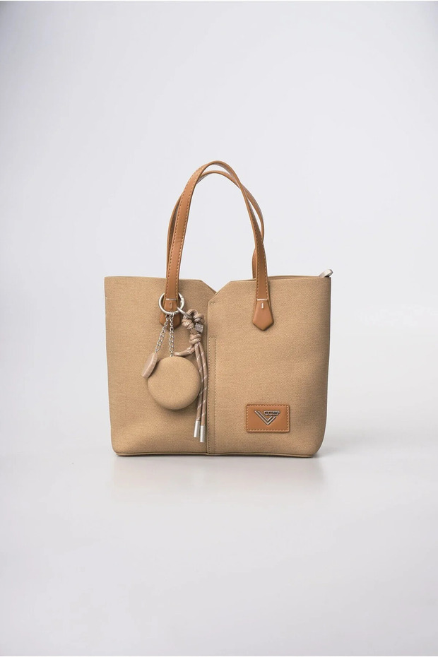 Women's Shoulder Bag with Mirror Charm Accessory, Textured Daily Stylish Handbag, Beige 18344