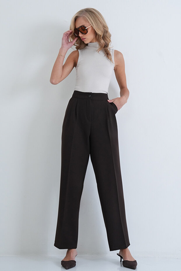 Women's Brown High Waist Wide Leg Fabric Trousers Alc-X15895