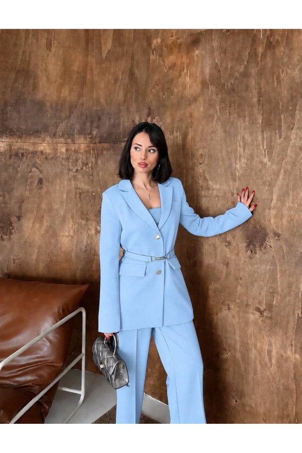 Feme- Laser Cut Belted Blazer Jacket and Trousers Set