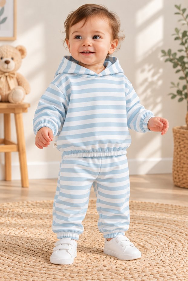 Baby Boy 100% Cotton Blue Striped Hooded Oversize Tracksuit Set
