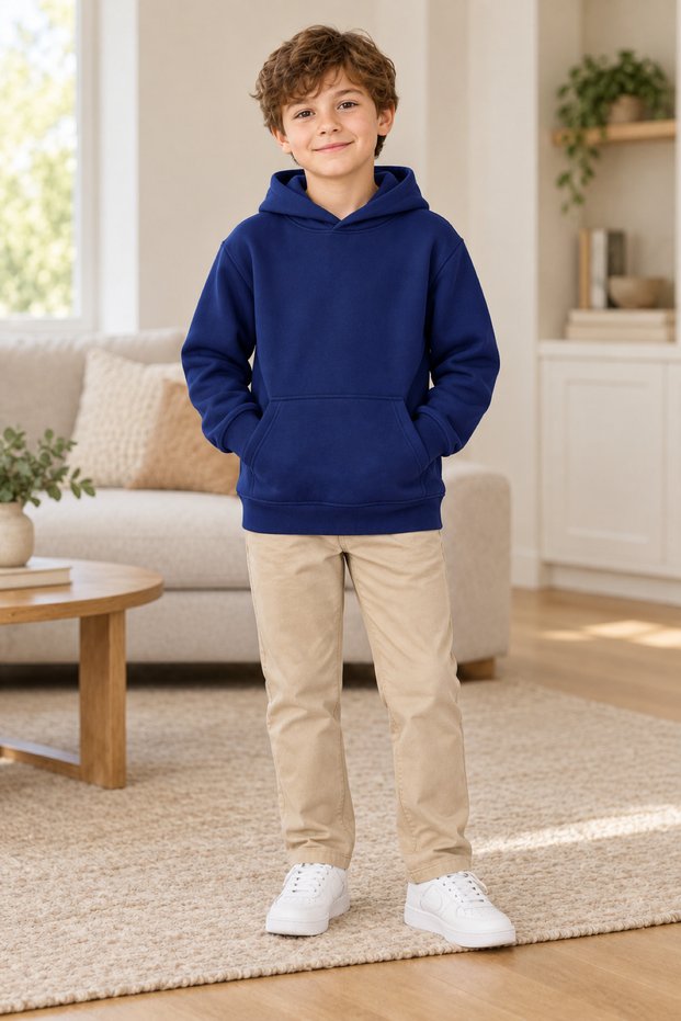 Hooded Navy Blue Children's Sweatshirt 3 Threaded Yarns for Girls and Boys 3-13 Years Old