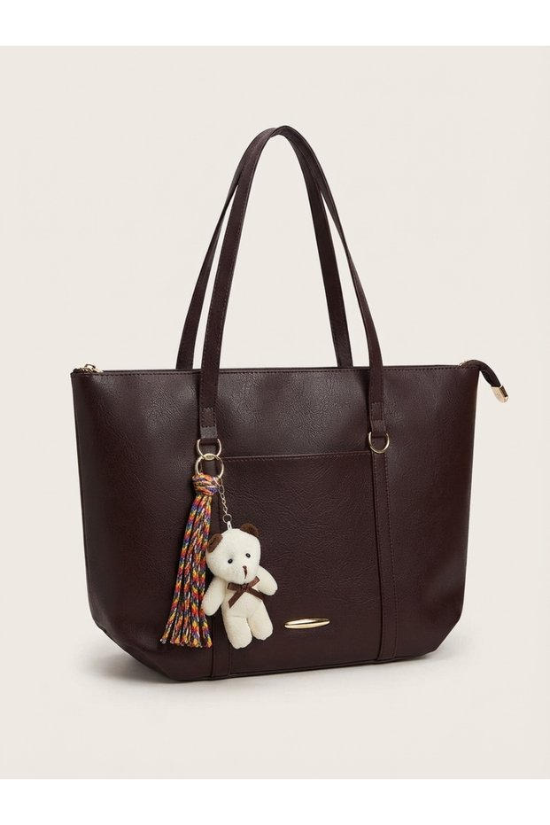 Large Size Women's Lined Shoulder Bag | Women's Bag with Teddy Bear Charm | Zippered Daily Bag (35 X 45 cm)
