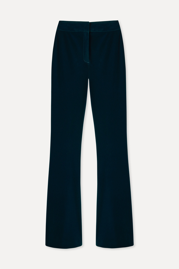 Women's Green Flare Fit Velvet Textured Trousers