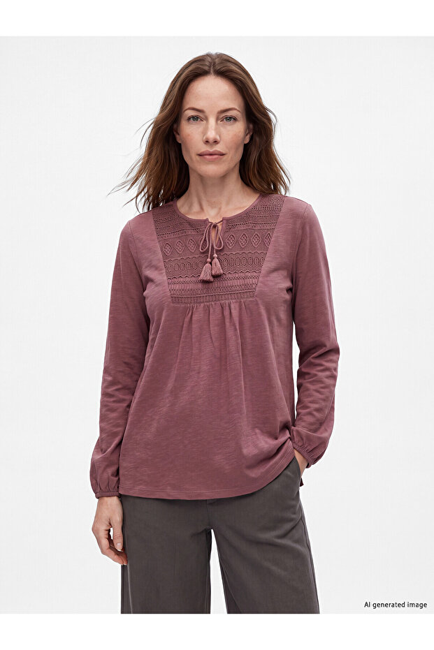 Two Mt Shop Quality Lcw Grace Pink Combed Cotton Embroidered Tie Collar Long Sleeve Women's Blouse