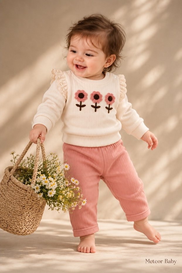 Baby Girl Set with Floral Appliques, Top and Bottom 2-Piece Set - Seasonal Set for 3, 6, 9, 12 Months