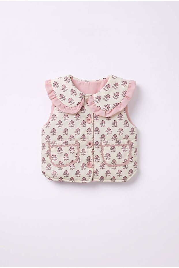 Girl's Floral Patterned Ruffle Collar Quilted Vest