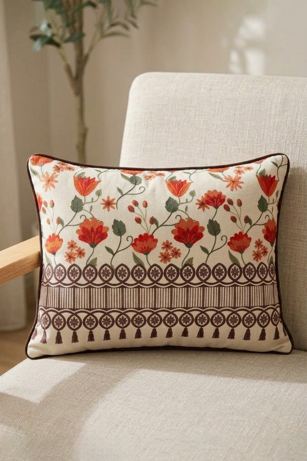 Antique Curtain Design – Digital Printed Ribbed Rectangular Cushion Cover - 60X35Cm
