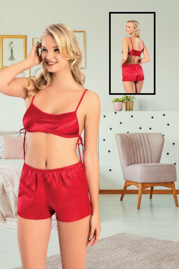 Women's Strappy Satin Lace Detailed Shorts Pajama Set Vr.M30.L69.Y01