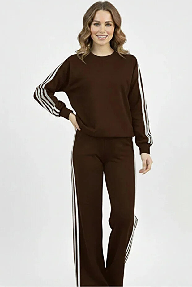 Modal Fabric Women's 4-Stripe Detailed Wide Leg Tracksuit Set Oversize Sweat