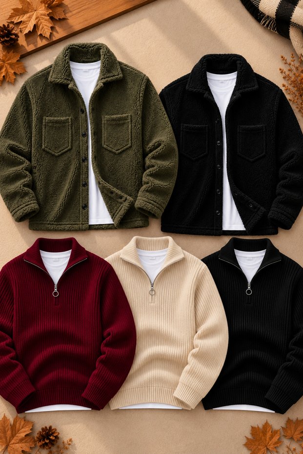 Men's 5-Piece Winter Combination Set 2 Plush Jackets 3 Half-Zip Thessaloniki Knitwear Sweater Thick Textured