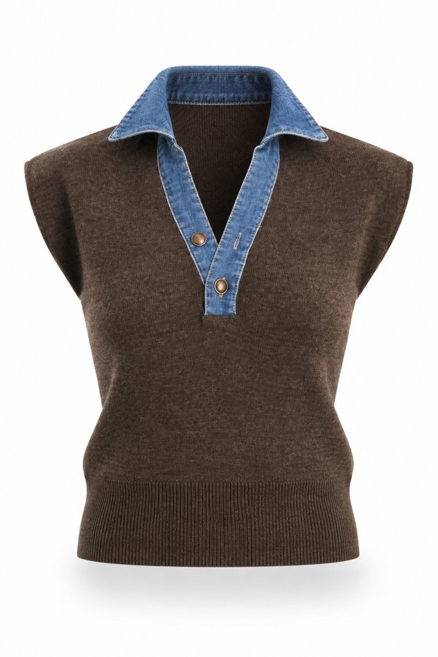 Brown Denim Collared Sleeveless Knitwear 261138