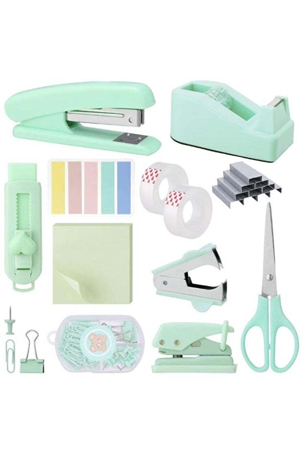Mordely 13-in-1 Teal Office Supplies Set & Desk Organizer Kit, Premium Stapler, Tape Dispenser