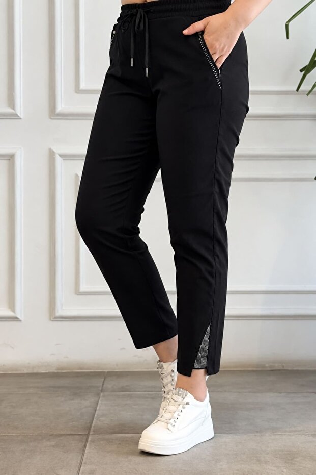 Wide Leg and Pocket Stone Embroidered Pants with Elastic Waist