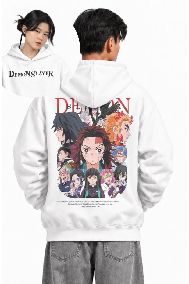 Unisex Demon Slayer Characters Back-Printed Hooded Sweatshirt, Oversized Anime-Themed Hoodie