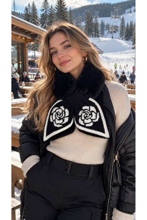 Black Soft Textured Plush Patterned Women's Neck Collar