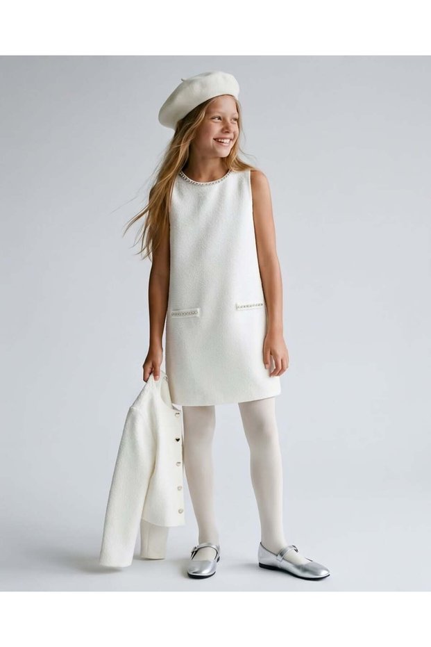 Buxe White Crew Neck Stoned Girls' Tweed Dress