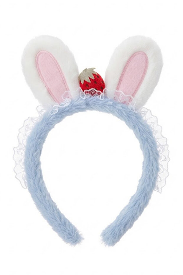 Plush Hair Crown with Rabbit Ears and Strawberry Detail - Lace Fun Hair Accessory