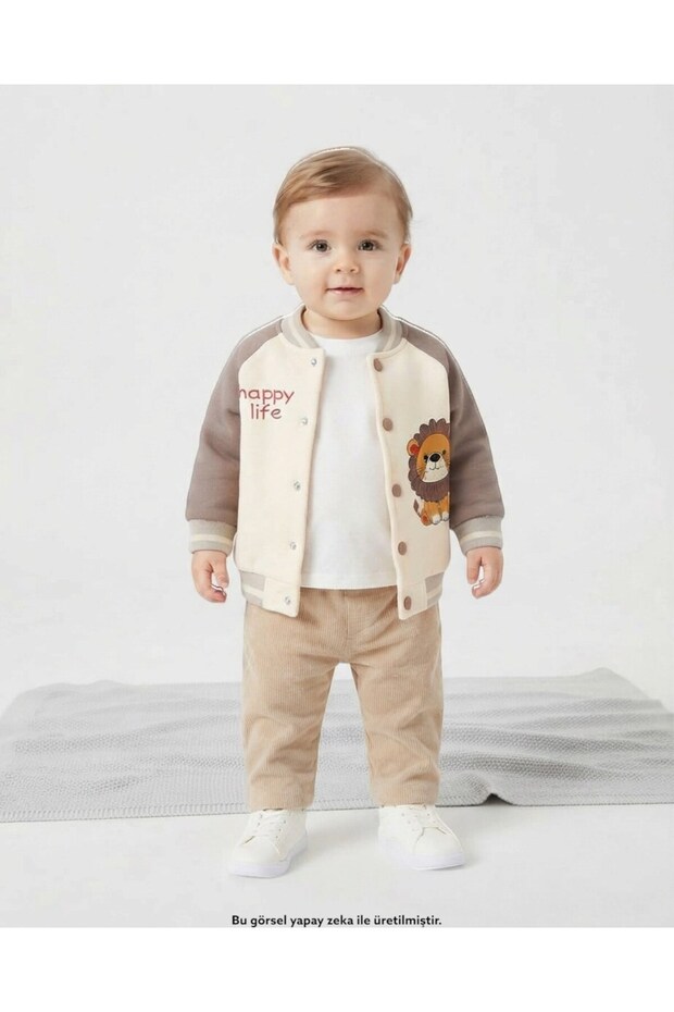 Baby Boy 1-2-3 Years Old, Lion Printed Thick 3-Strand Rastered College Cardigan, Jacket,