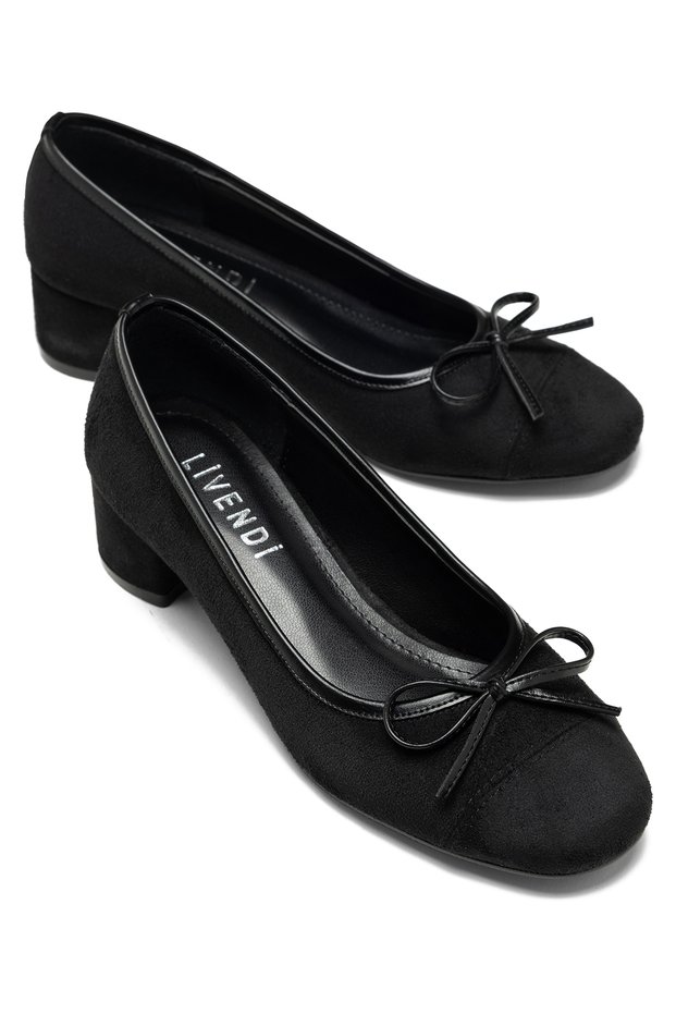 Bella Women's Black Suede Bow Detailed Round Toe 5.5 cm Short Thick Heeled Shoes