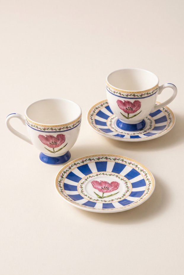 Solina Porcelain 2-Person Coffee Cup Set with Pink Flowers and Blue Feet 90 ml Turkish Coffee Espresso Cup Set