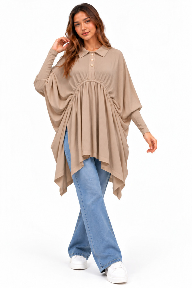 Women's Drawstring Detailed Batwing Sleeve Loose Tunic – Side Slits
