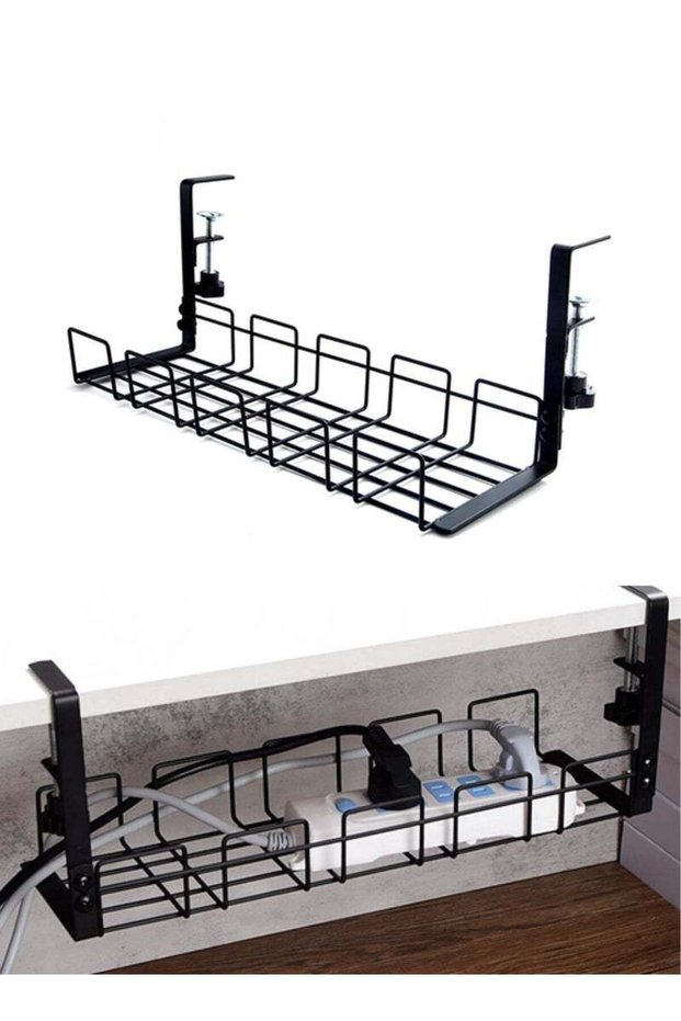 Teuuea Under Desk Cable Management, Metal Under Desk Table Rack Tray with Clamp, No Drill No Damage