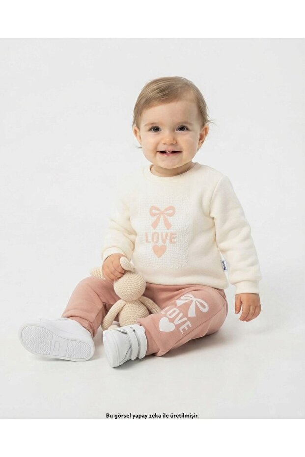 Girl's Love Printed 1-2-3-4 Years Old Winter 3 Threaded Rastered 2-Piece Top and Bottom Tracksuit Set