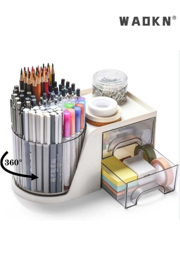 WAOKN 360° Rotating Desk Organizer with 2 Drawers, Dustproof Stationery Storage Box , Minimalist