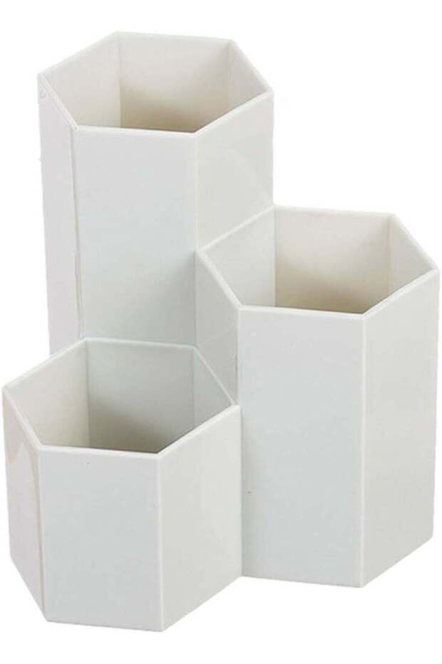 chrome 3 Compartments Hexa Hexagon Shape Plastic Pen Stand, Pencil Holder, for Office Work Desk