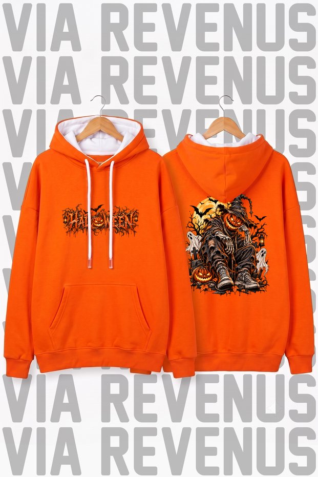 Halloween Printed Unisex Wide Fit Orange Hooded Hoodie Sweatshirt