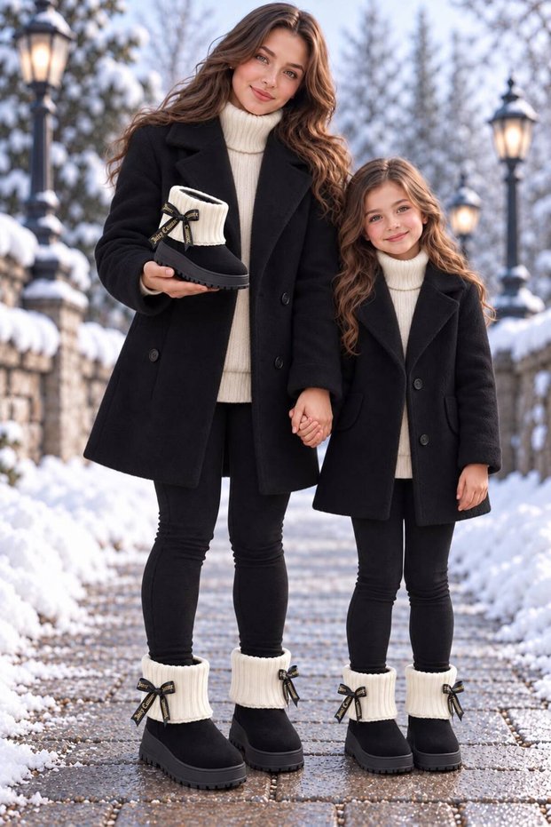 Mother-Daughter Combination Knitted Detailed Plush Textured Boots