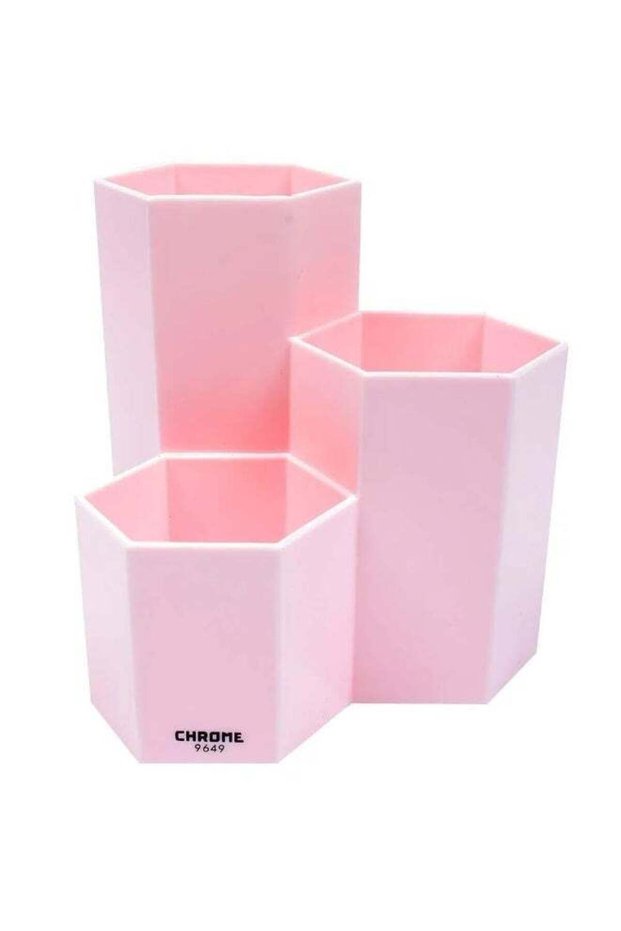 chrome 3 Compartments Hexa Hexagon Shape Plastic Pen Stand, Pencil Holder, for Office Work Desk