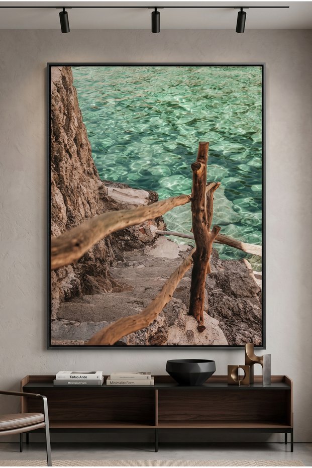 Turquoise Sea Nature Wall Art | Portrait Framed Canvas Print | Luxury Modern Botanical Decor for Living Room